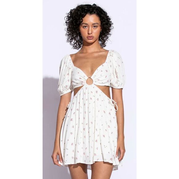 Sky to The Moon Blue & Ivory Floral Print Puff Sleeve Cutout Mini Dress Medium - Picture 1 of 8